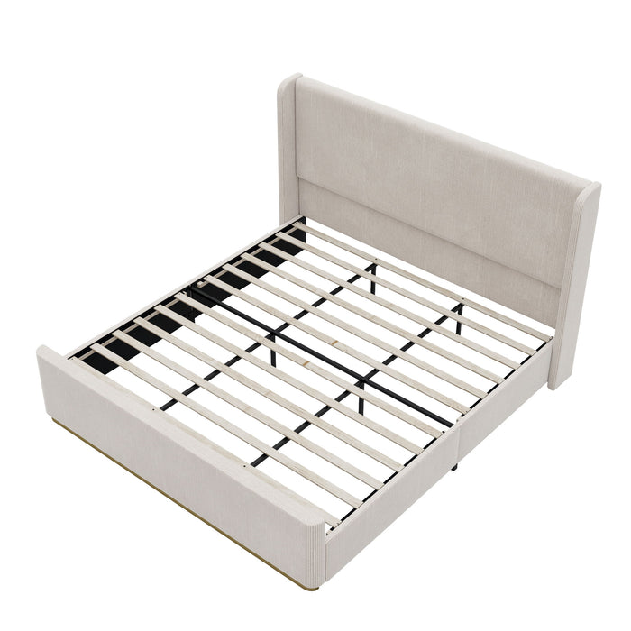 King Size Luxurious Corduroy Upholstered Bed Frame With Vertical Stripe Wingback Headboard And High Footboard - Light Gray