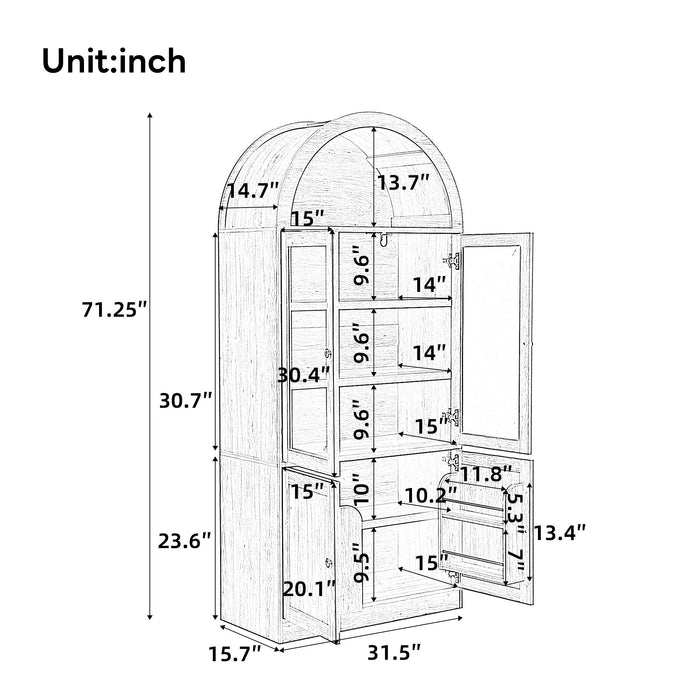 Tall Arched Top Storage Cabinet With 5 Tier Shelves, Soft Close Hinges