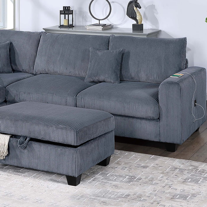 Modern Style Sectional Set With USB Port, Storage Ottoman