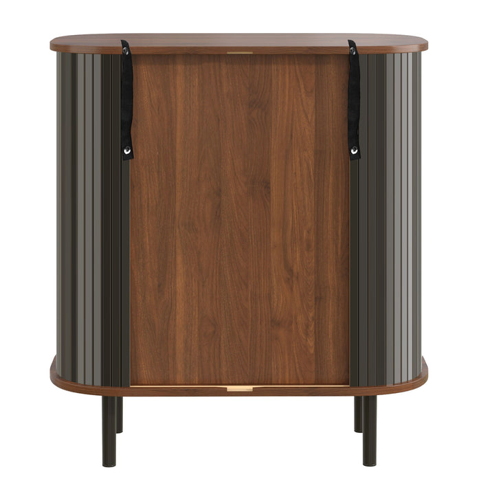 Fluted Wine Bar Cabinet With 8 Grid Wine Rack, 5 Level Adjustable Shelves, 2 Glass Holders