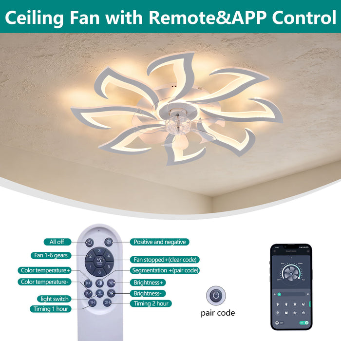 Flower Ceiling Fan With Remote Controlled LED Light, Flush Mount DC Motor Fan