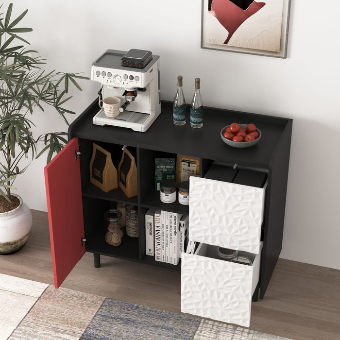 Modern Sideboard Buffet Cabinet With Red Doors And Unique Panel Styling