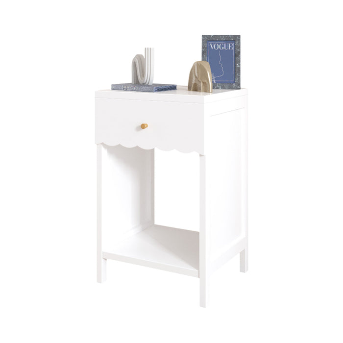 Nightstand With Drawer And Open Shelf, Scalloped Edge Bedside Table