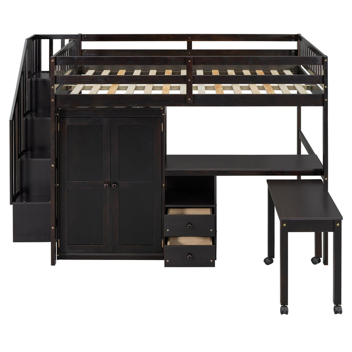 Loft Bed With Stairs, Bookshelf, Drawers, Desk & Wardrobe, Space Saving Multifunctional Furniture