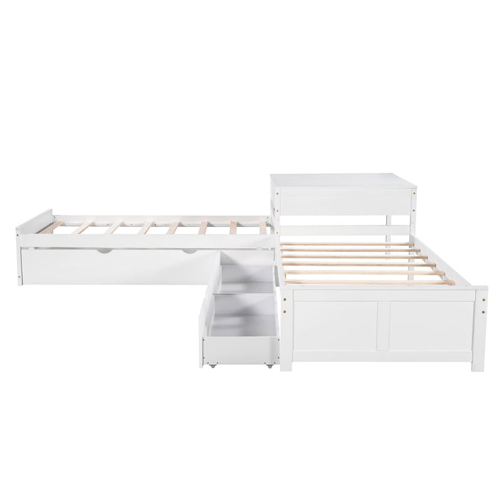 L Shaped Platform Bed With Trundle And Drawers Linked With Built In Desk