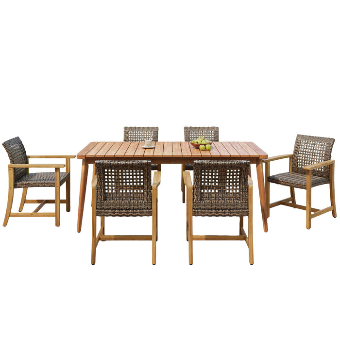 7 Piece Patio Dining Set, Slatted Table & 6 Chairs For Patio Garden - Mocha / Teak