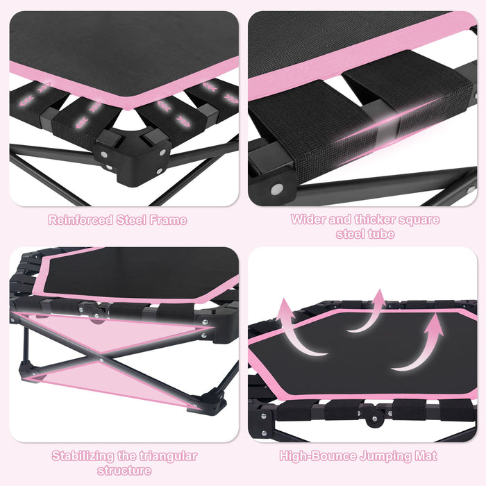 Foldable Mini Trampoline, 1 Step Fold & Open, 3 Level Adjustable T - Bar, Indoor & Outdoor Workout - Black / Pink