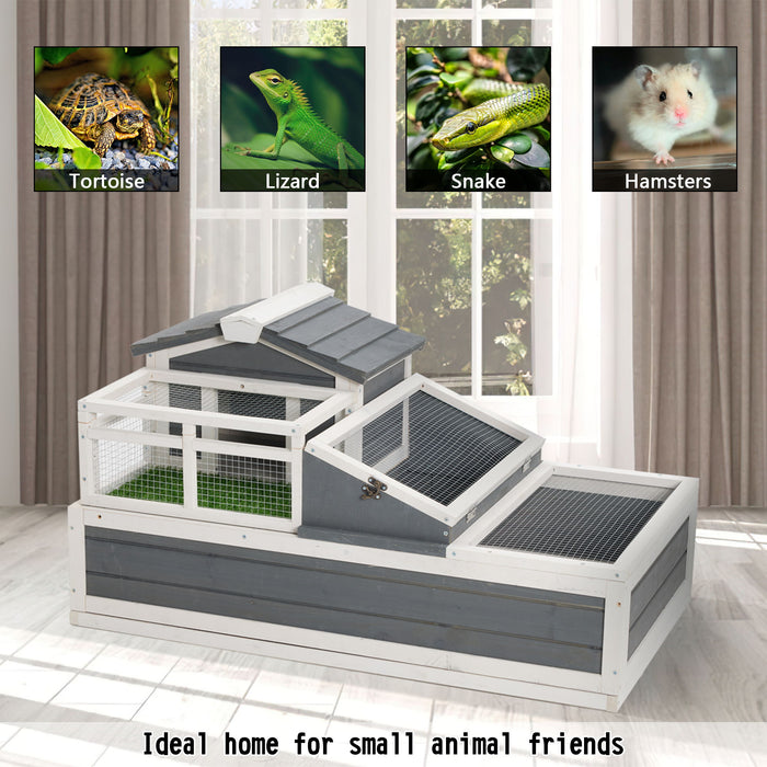 Luxury 3 Room Wooden Tortoise House Habitat With Turf Balcony & 2 Stories - Gray / White