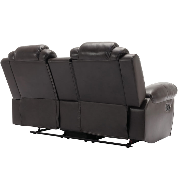 3 Pieces Recliner Sofa Sets Home Theater Seating Manual Recliner Chair & Center Console And LED Light Strip For Living Room - Brown
