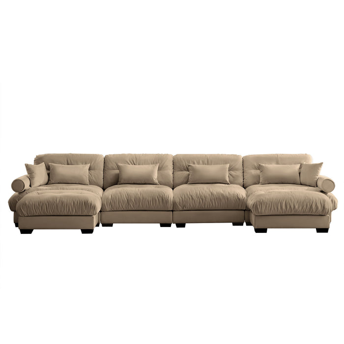Modern Sectional Sofa With Ottoman, Round Bolster Armrests, Waist And Throw Pillows