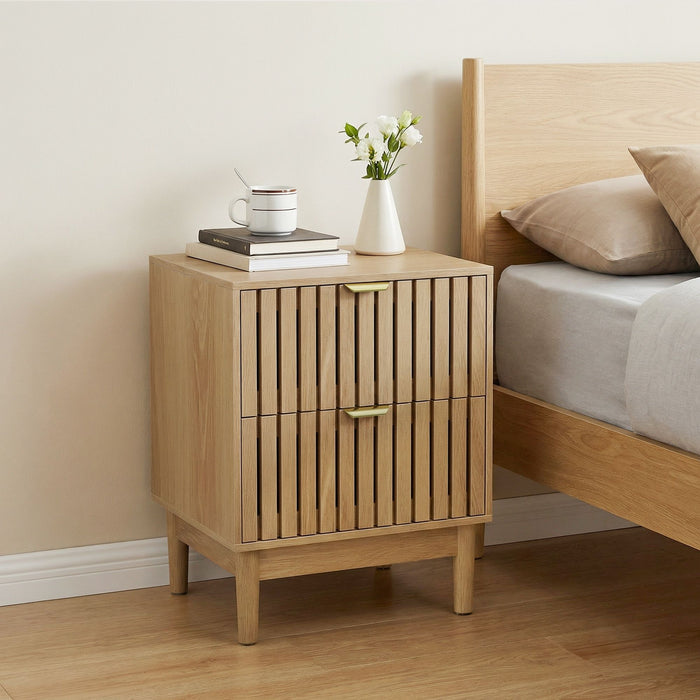 Bedside Table With Grille Design And 2 Drawers, Side Table For Bedroom - Oak