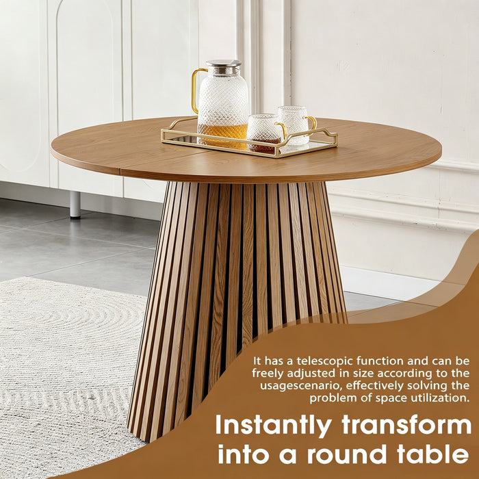Dining Table, Flexible Extendable Oval Design With Slatted Legs - Natural Wood