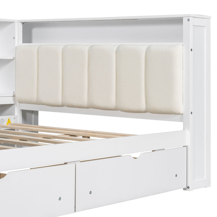 Platform Bed With Storage Shelves, Drawers, Charging Station, LED, Desk