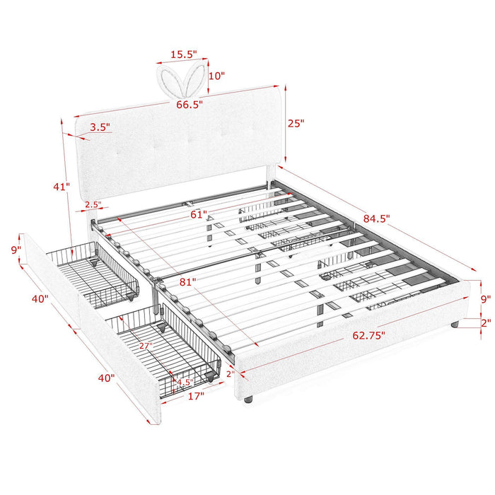 Upholstered Bed With Oversized Rabbit Ear Headboard, LED Lights & 4 Storage Drawers