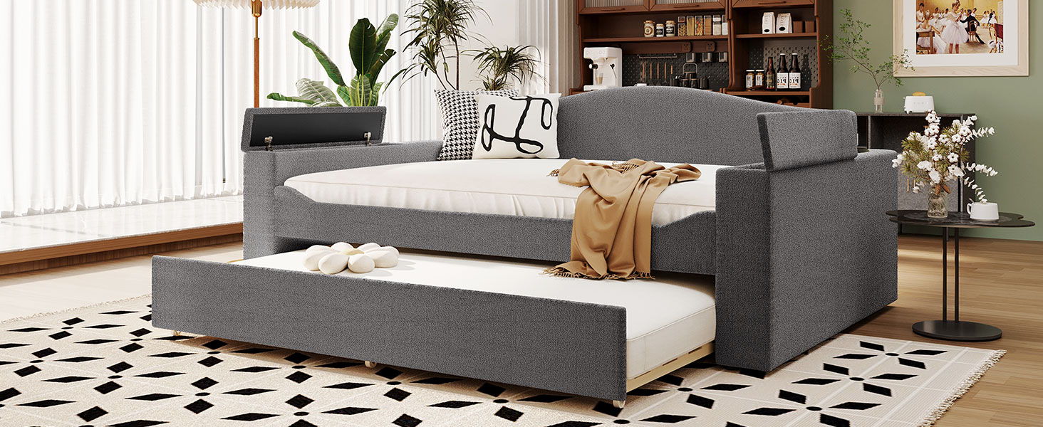 Upholstered Daybed With Storage Armrests, Trundle And Latest Integrated Bluetooth Audio System