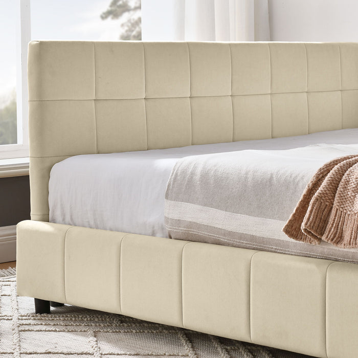 Mid-Century Storage Upholstered Tufted Bed Frame With Backrest And Armrests