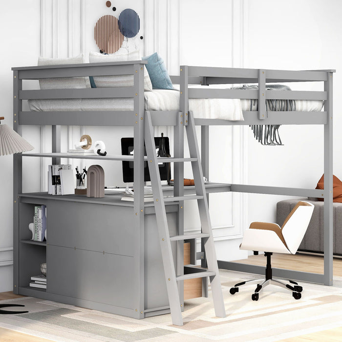 Modern Loft Bed With Built In Desk, Shelves, And 2 Drawers
