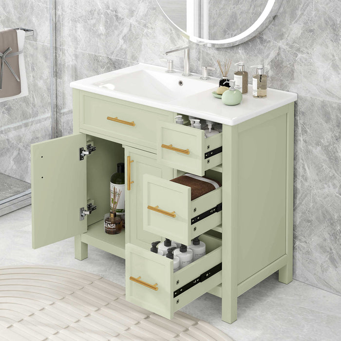 36" Bathroom Vanity With Sink, 2 Doors, 3 Drawers, Rectangular - White