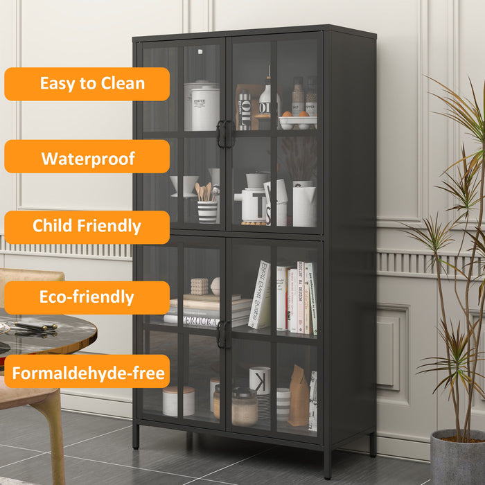 Premium Metal Storage Cabinet With Tempered Glass Doors, Adjustable Shelves, And Anti Tipping Device - Black