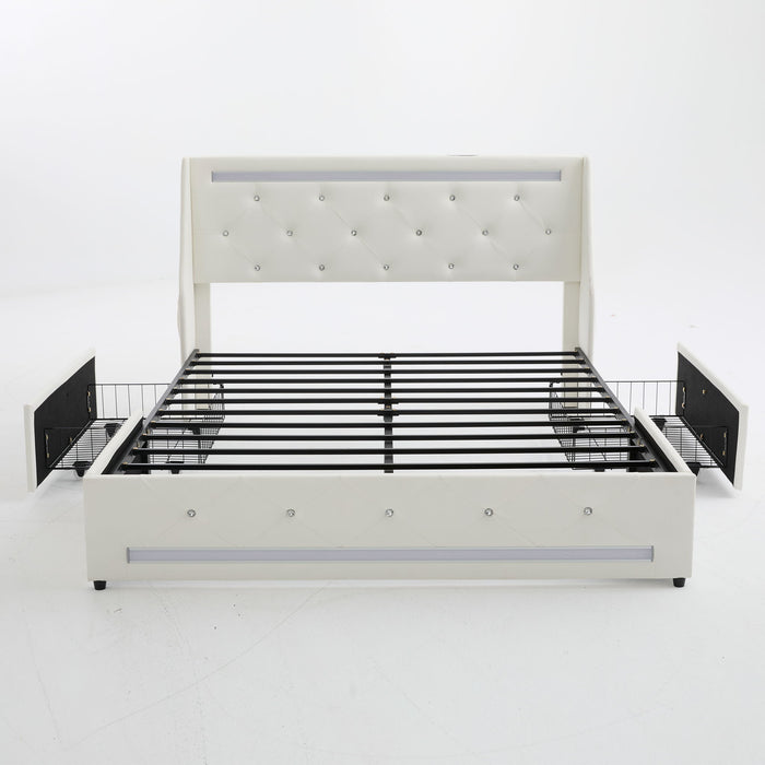 Wingback Upholstered Bed Frame With LED Lights, Charging Station