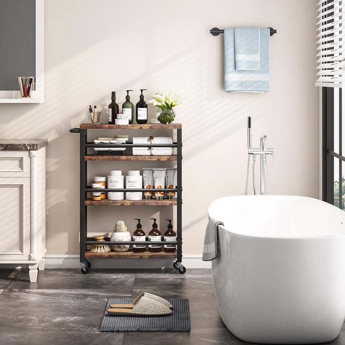 Slim 4 Tier Rolling Utility Cart With Wheels, Narrow Kitchen Storage Trolley - Brown / Black