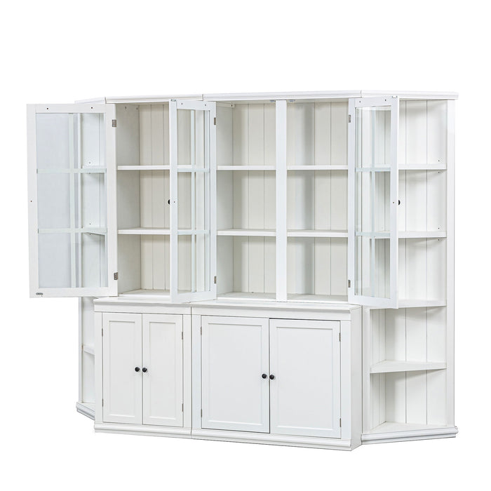 Retro Style Wall Suit With Glass Doors, 75.25" Tall Display Cabinets & Triangle Sided Bookshelves - White