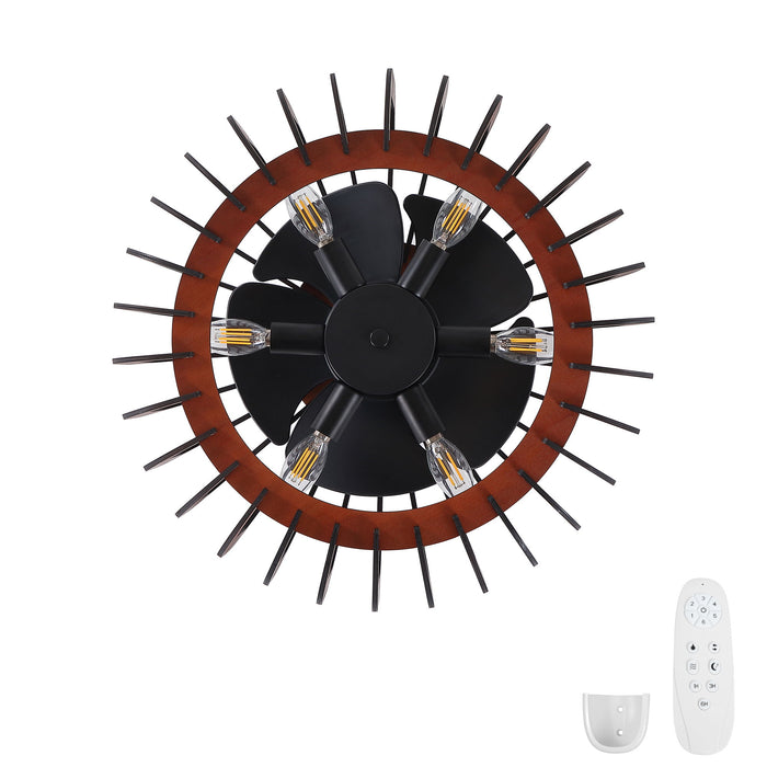 Ceiling Fan, Fandelier With 6 E12 Sockets, Reversible DC Motor, 6 Speeds, Remote Control, Adjustable Hanging - Black / Brown