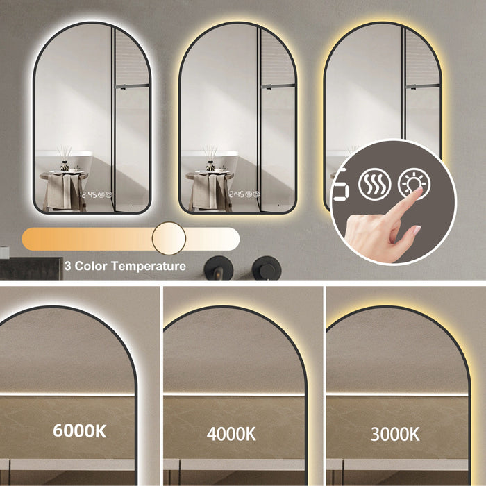 Modern Arched LED Bathroom Mirror With Time And Temperature Display, Anti Fog, Dimmable Light - Black