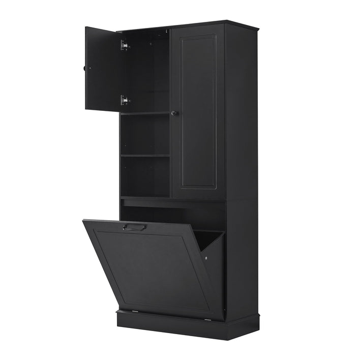 Modern Tall Storage Cabinet With Adjustable Shelves, Flip-Out Basket & Enclosed Doors