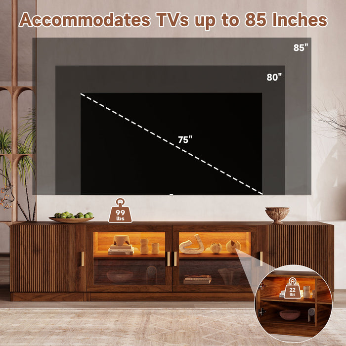 TV Stand, Media Console With Glass Doors And LED Lights, Adjustable Shelf Storage - Walnut