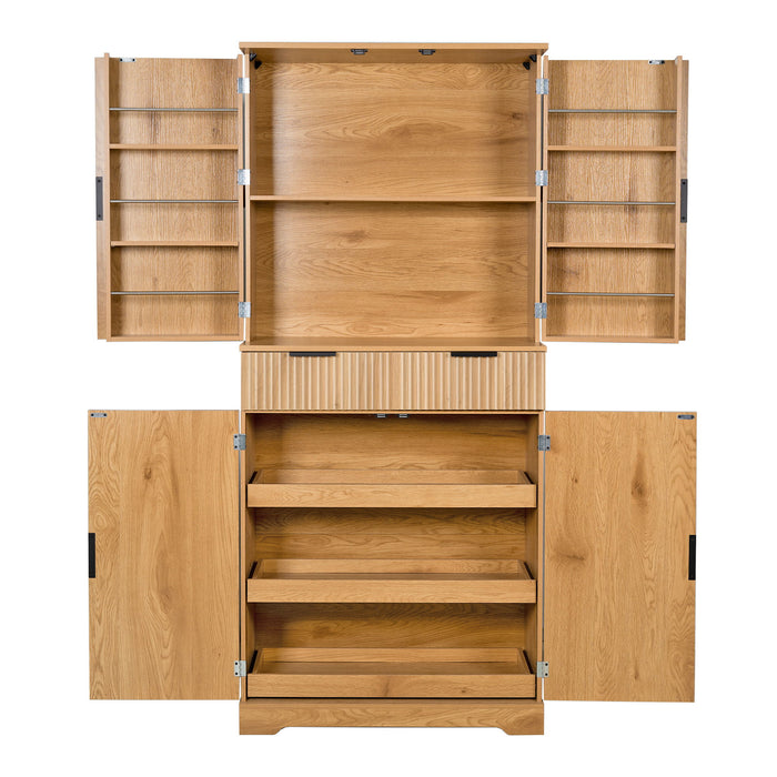 Fluted Kitchen Pantry Cabinet With 3 Keyboard Drawers & 6 Door Shelves Adjustable