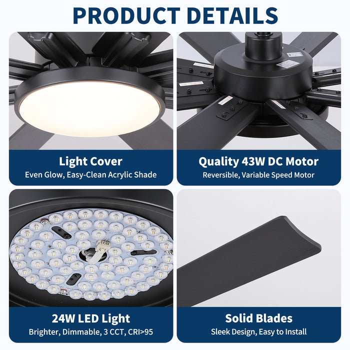 Large Ceiling Fan With Dimmable LED Light 8 Blades Remote Control, Reversible DC Motor