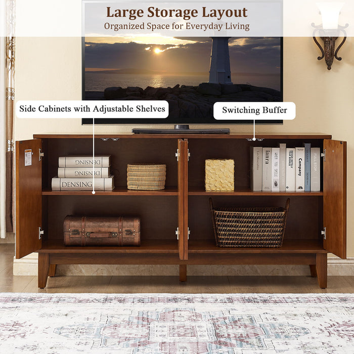 TV Stand With Carved Geometric Doors Storage Cabinet, 4 Door Media Console For Living Room - Walnut