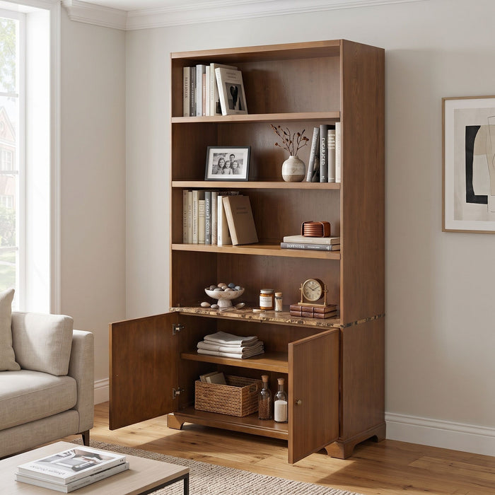 Tall Bookcase Storage Cabinet With 3 Open Shelves & Fluted Double Doors