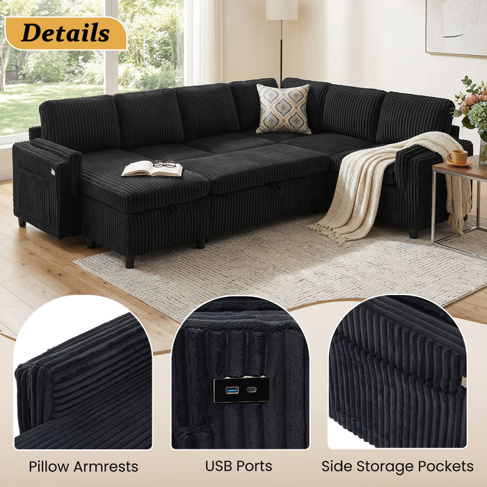 Convertible U-Shaped Sectional Sofa Bed With USB Ports And Storage
