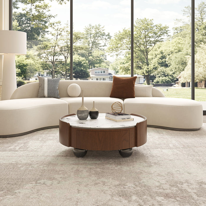 Round Coffee Table With Ball Feet, Dual Storage Drawers For Living Room - Walnut Brown