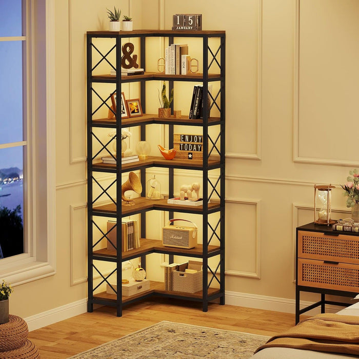 7 Tier Corner Bookshelf, Storage Unit For Living Room