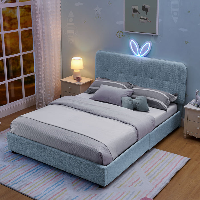 Upholstered Bed With Oversized Rabbit Ear Headboard, LED Lights & 4 Storage Drawers
