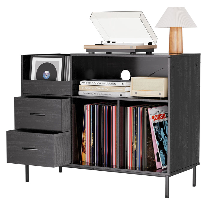 Eco-Friendly Vinyl Record Player Stand With Flip-Top Storage, Media Console With Dual Outlets And Dustproof Drawers