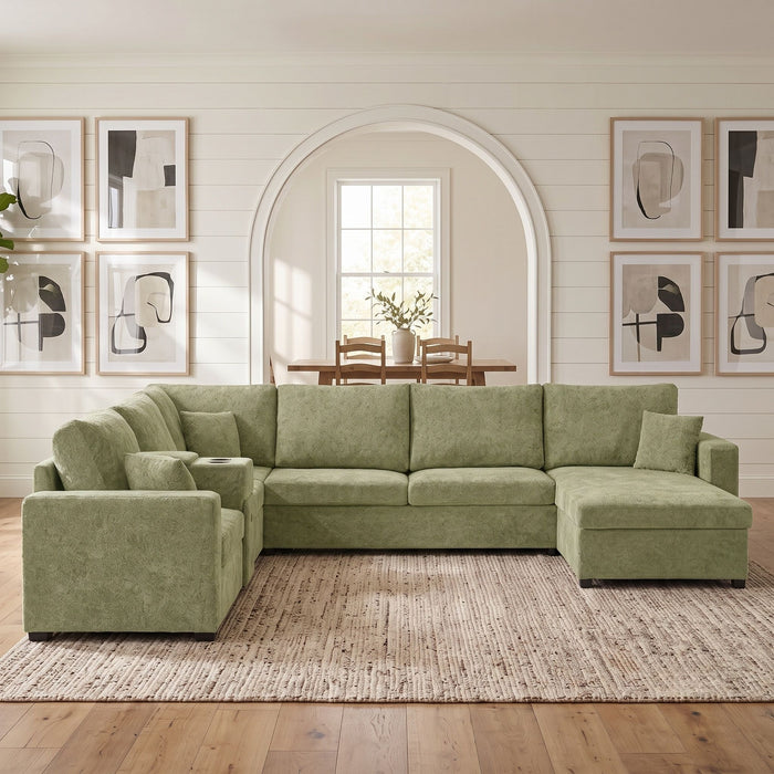 Modular 5 Seat U-Shape Sectional Sofa With Chaise Lounge, Built In Cup Holders And Storage Drawer