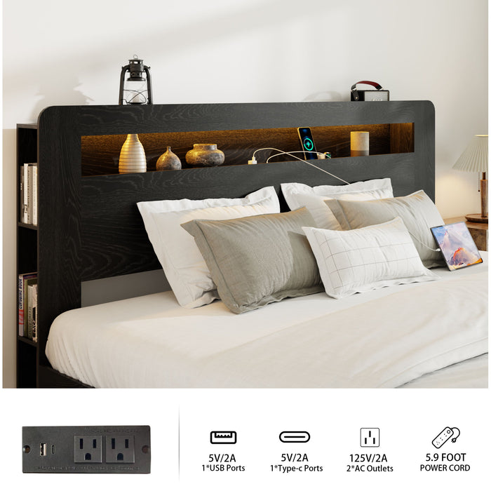Wood Platform Bed Frame With Storage LED Light Headboard & USB