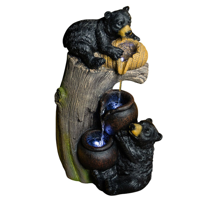 Bear Tree Stump Outdoor Water Fountain With LED Lights - Brown Gray