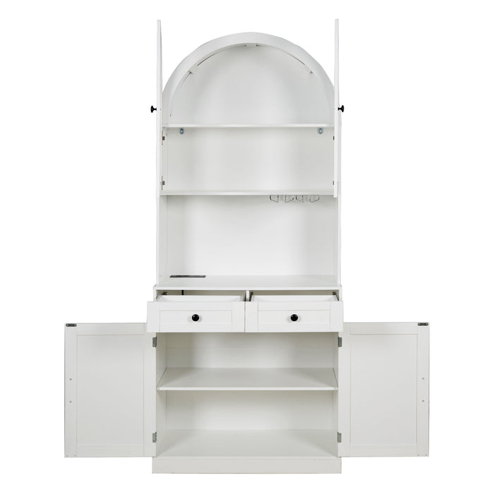 Tall Arched Pantry Cabinet With Charging Station, Adjustable Shelves, Coffee Bar