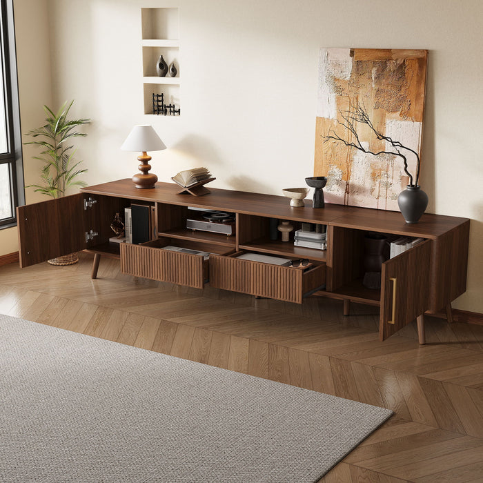 78" TV Stand For 85" TVs With Fluted Doors, Open Shelf, Cable Management - Walnut
