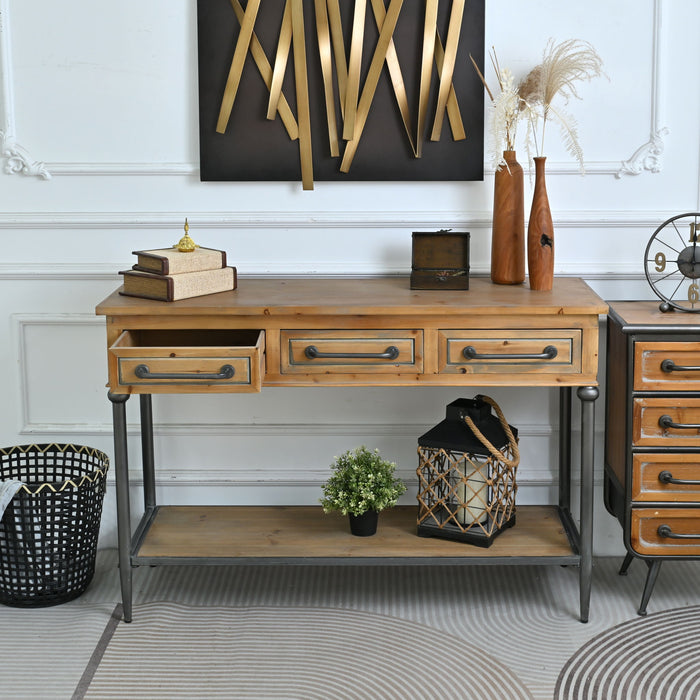 Accent Storage Console Table With Open Shelf And 3 Drawers For Living Room - Natural Wood / Brown