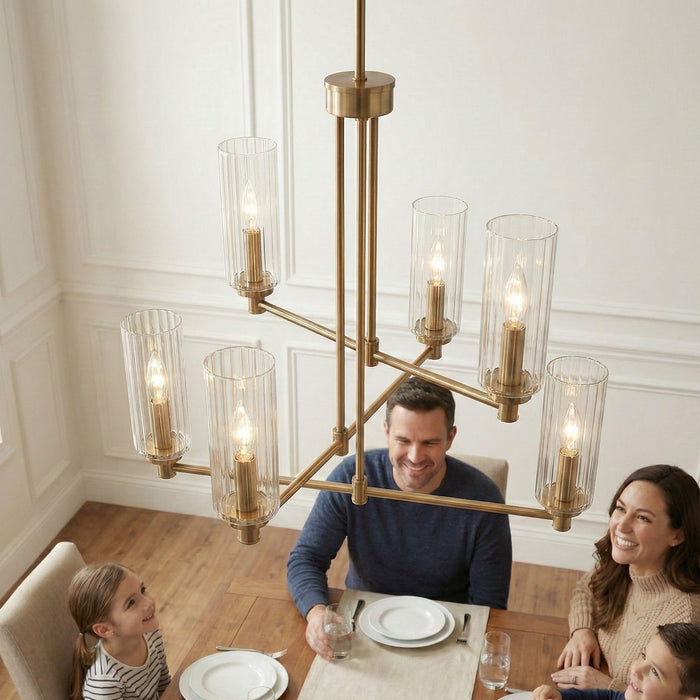 Timeless - 6 Lights Chandelier With Clear Ribbed Satin - Antique Brass / Clear / Gold