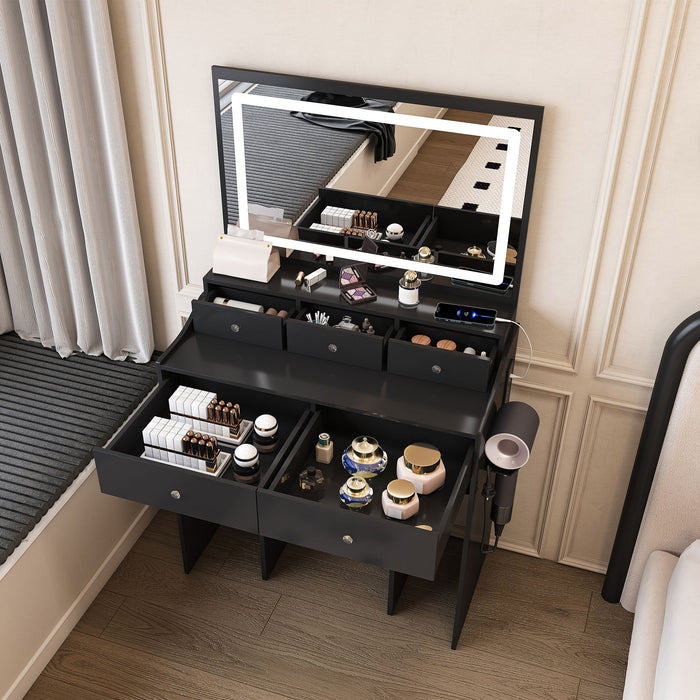 Modern Makeup Vanity Set With Power Outlet, Hair Dryer Holder, And Adjustable Lighting