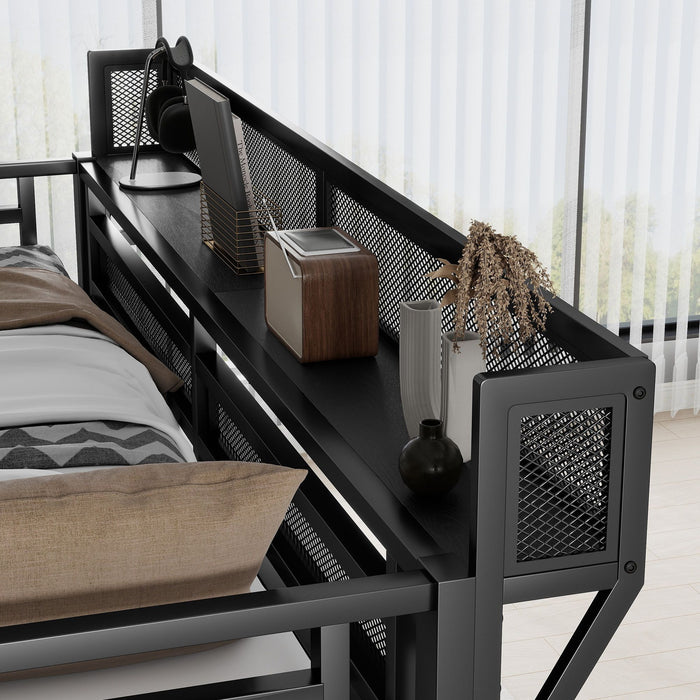 Queen Size Loft Bed With Stairs, Storage Shelves, Wardrobe - Black