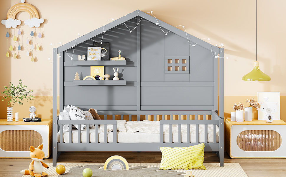 House Bed With Shelves, Window And Sparkling Light Strip On The Roof