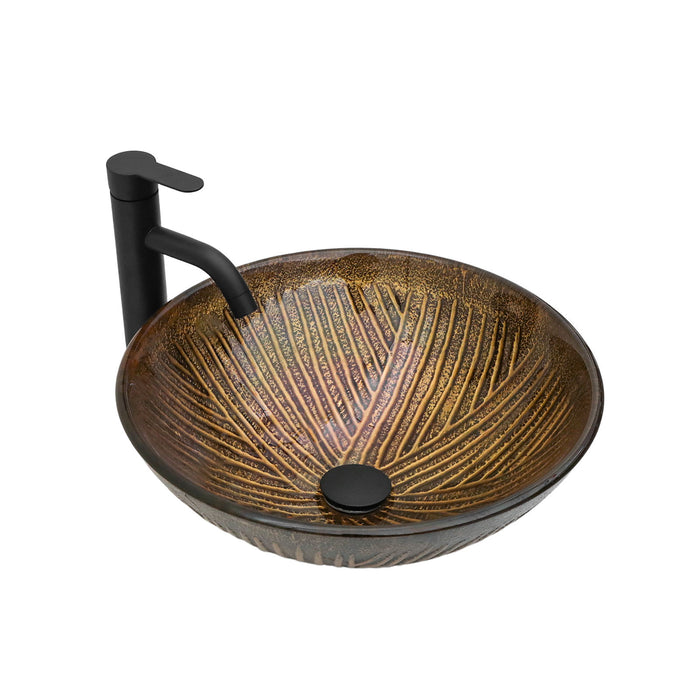 Feather Pattern Amber Vessel Sink With Pop Up Drain, Oval Bathroom Basin - Amber